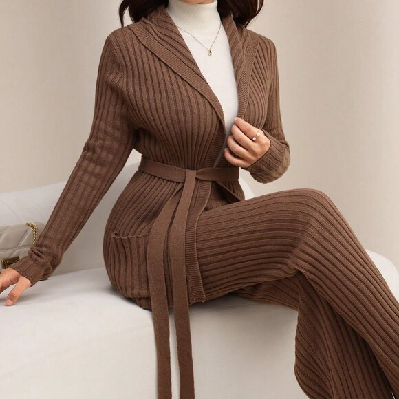 Camel Casual Women's Tie-Up Long Sleeve Knitted Cardigan And Knitted Pants Set - Picture 1 of 8